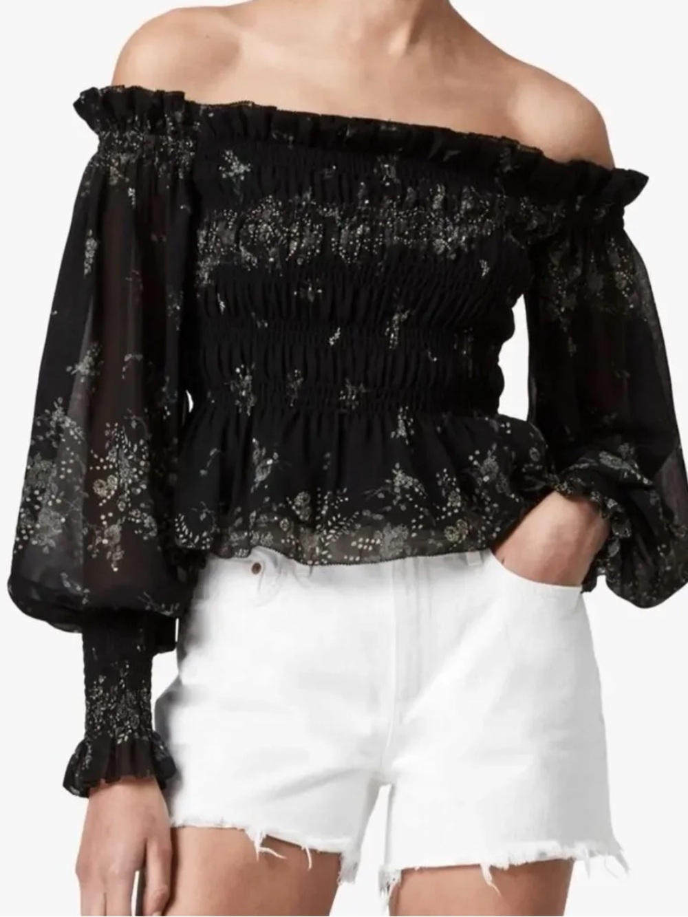 All Saints Black Floral Metallic Off-Shoulder Blouse